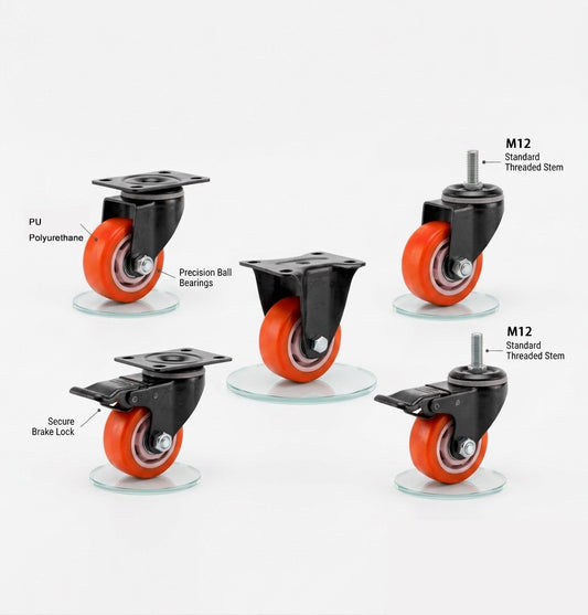 Orange PU Castor Wheels 1.5" 2" 3" 4" 5" – Swivel / Brake / Fixed Plate Bolt