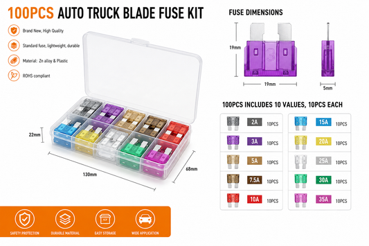 100PCS Automotive Blade Fuse Kit — Standard Size 2A to 35A · Includes Storage Case · Car/Truck/Boat/RV