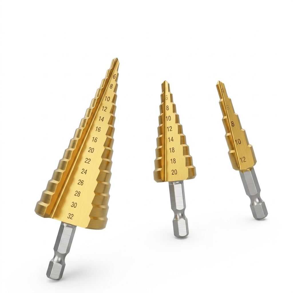 3-piece titanium coated HSS step drill bit set with hex shank for sheet metal drilling