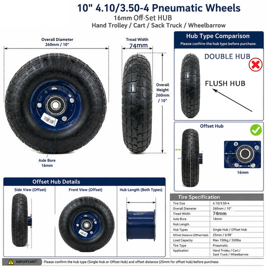 10" 4.10/3.50-4 PNEUMATIC Wheel - Heavy-Duty, Versatile, and Durable with 120KG Capacity Single HUB with 16mm BORE