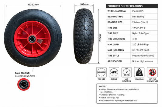16" Pneumatic Wheelbarrow Tire 4.80/4.00-8 Trolley Tyre with 16/19/20/25.4mm Bore Durable Pneumatic Tyre Wheel for Smooth Ride Plastic Rim