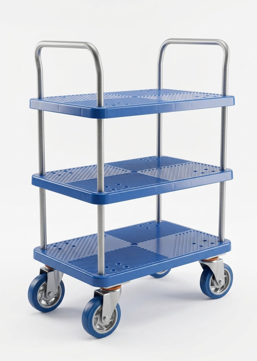 Platform Trolley 3 Tiers Handtruck Pushcart Steel Frame Load 150kg Service Cart