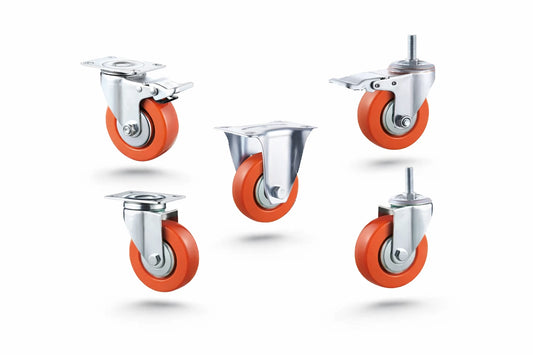 Red PU Castor Wheels 3" 4" 5" – Swivel / Brake / Fixed Plate Bolt | Industrial