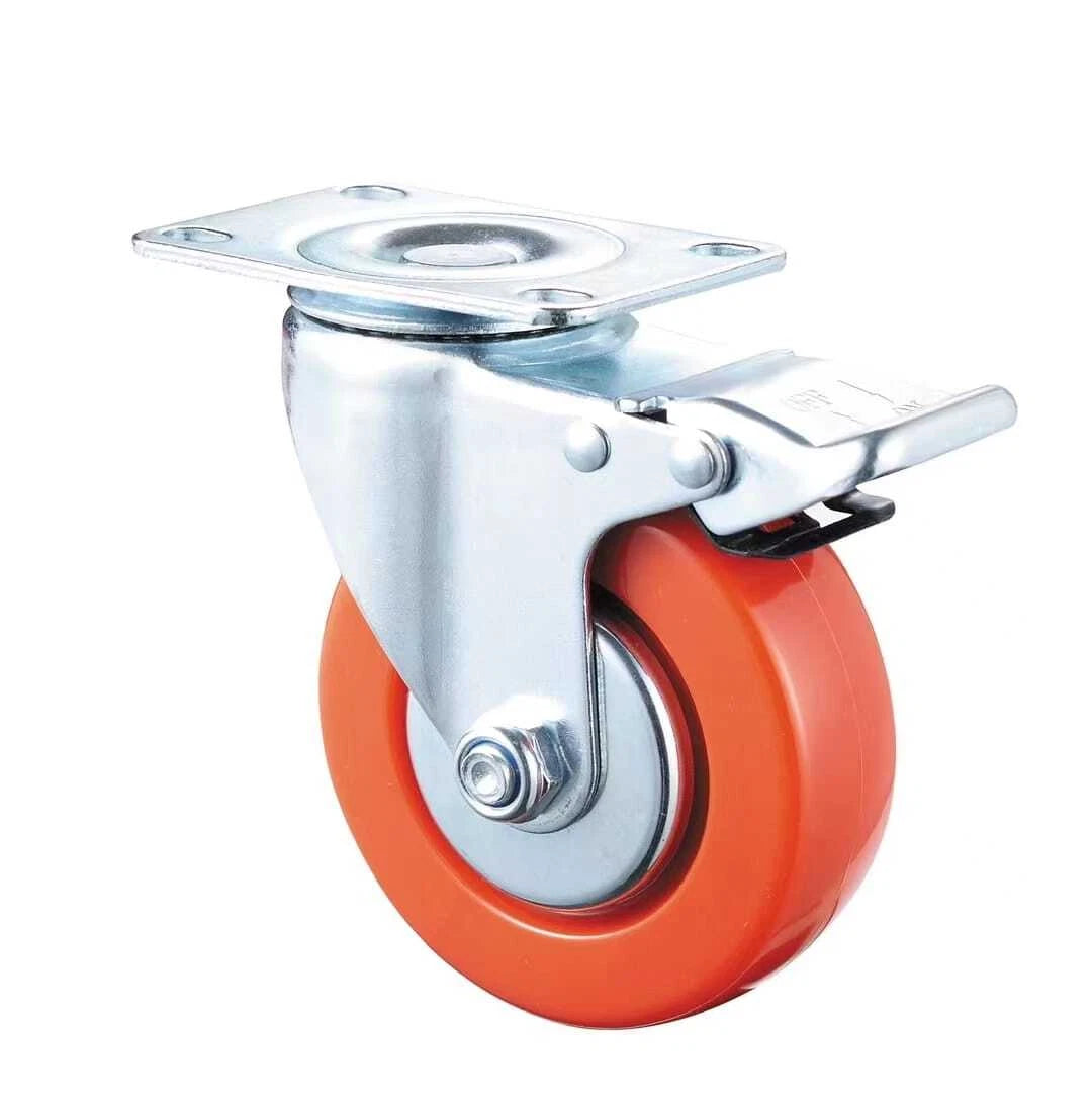 Red PU Castor Wheels 3" 4" 5" – Swivel / Brake / Fixed Plate Bolt | Industrial