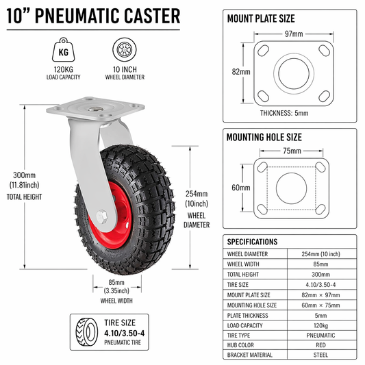 10" Castor Swivel Wheel Pneumatic Caster Trolley Wheel 4.10-3.50 HEAVY DUTY - Versatile and Durable Solution for Heavy Equipment and Machinery