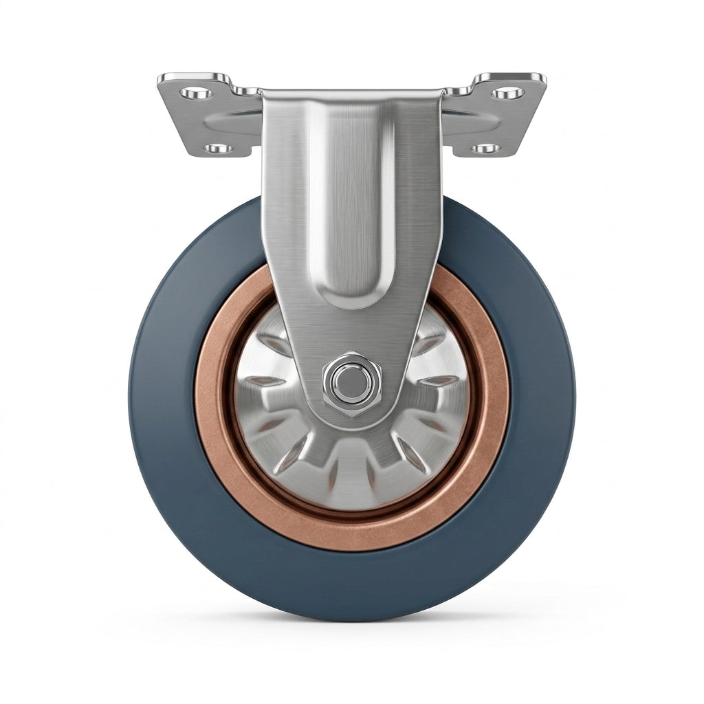Heavy duty blue elastic rubber fixed rigid castor wheel with steel top plate bracket