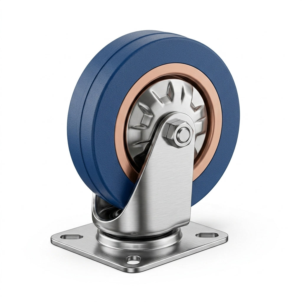 Heavy duty blue elastic rubber swivel castor wheel with smooth 360-degree rotation