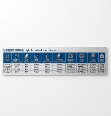 Specifications table for light fat PP wheel castors showing dimensions and load capacities