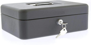 Matte grey metal cash box featuring a front key lock mechanism and spare key