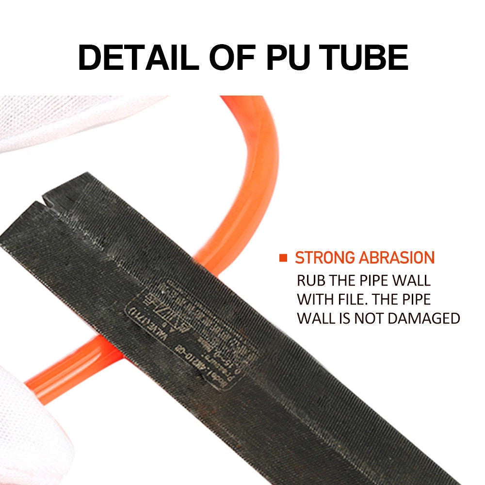 Abrasion resistance test on orange PU air hose wall using a steel file