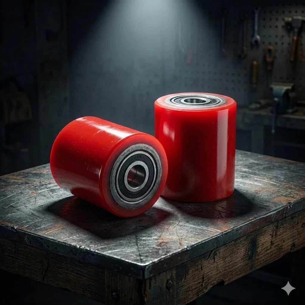 Pair of heavy duty red polyurethane pallet jack rollers on industrial steel workbench
