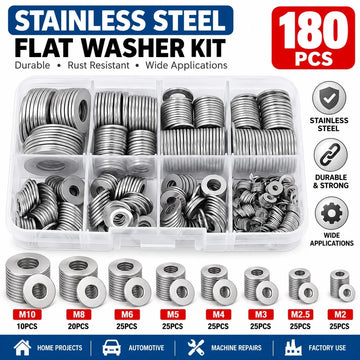 180Pcs Stainless Steel Flat Washer Assortment Kit M2 M2.5 M3 M4 M5 M6 M8 M10