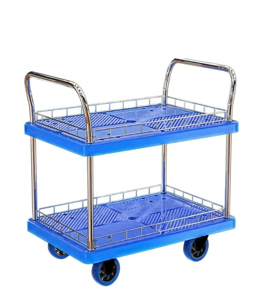 2 Tiers Platform Trolley Handtruck with fence Load 150kg Service Cart