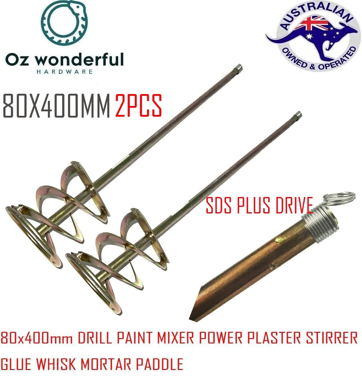 2Pcs 80x400mm DRILL PAINT MIXER POWER PLASTER STIRRER GLUE WHISK MORTAR PADDLE