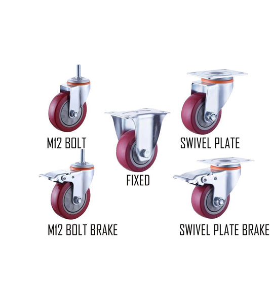 Red PVC Castor Wheels 3" 4" 5" – Swivel / Brake / Fixed Plate Bolt | Industrial