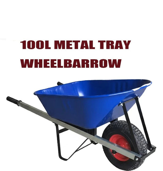 Heavy Duty 100L Metal Tray Wheelbarrow Blue, Single Wheel,6.50-8,