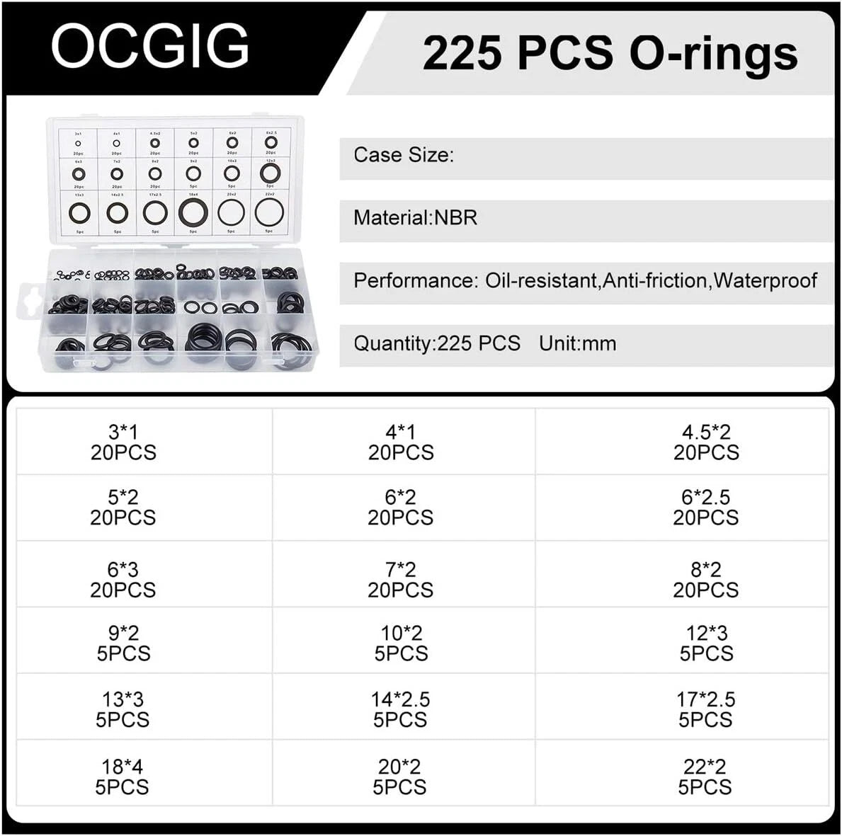 225Pcs Rubber O-Ring Assortment Set Gasket Automotive Seal O Ring Kit Supplies