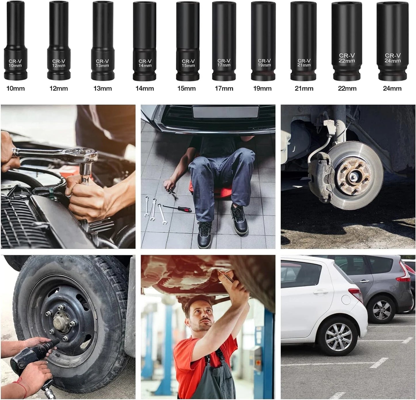 DONGTE 10pc 1/2″ Drive Metric Deep Impact Socket Set — 10-24mm · CR-V Steel · Air Impact Gun