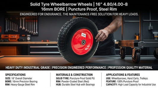 Solid Tyre Wheelbarrow Wheels | 16" 4.80/4.00-8 16mm BORE | Puncture Proof, Steel Rim