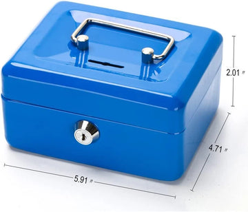 Small blue metal cash box with key lock showing height, width, and depth dimensions