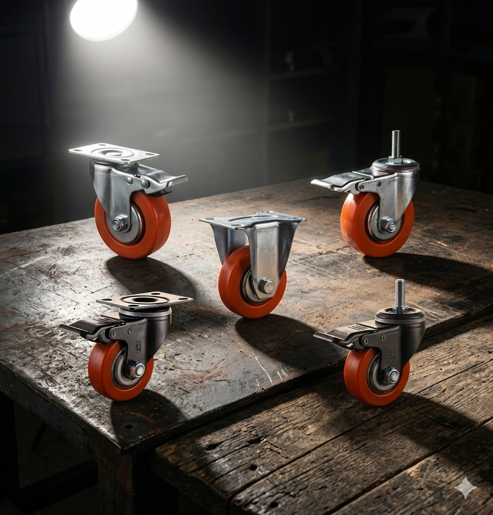 Red PU Castor Wheels 3" 4" 5" – Swivel / Brake / Fixed Plate Bolt | Industrial