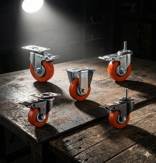 Red PU Castor Wheels 3" 4" 5" – Swivel / Brake / Fixed Plate Bolt | Industrial