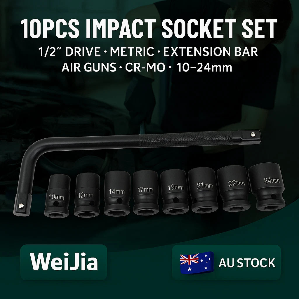 IMPACT SOCKET SET 10pcs 1/2"inch DRIVE METRIC short  EXTENSION BAR CR-MO 10-24mm