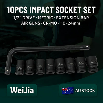 IMPACT SOCKET SET 10pcs 1/2"inch DRIVE METRIC short  EXTENSION BAR CR-MO 10-24mm
