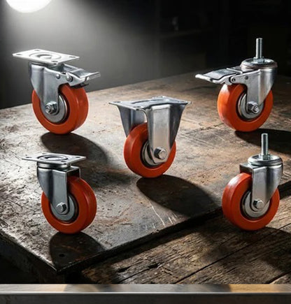 Red PU Castor Wheels 3" 4" 5" – Swivel / Brake / Fixed Plate Bolt | Industrial