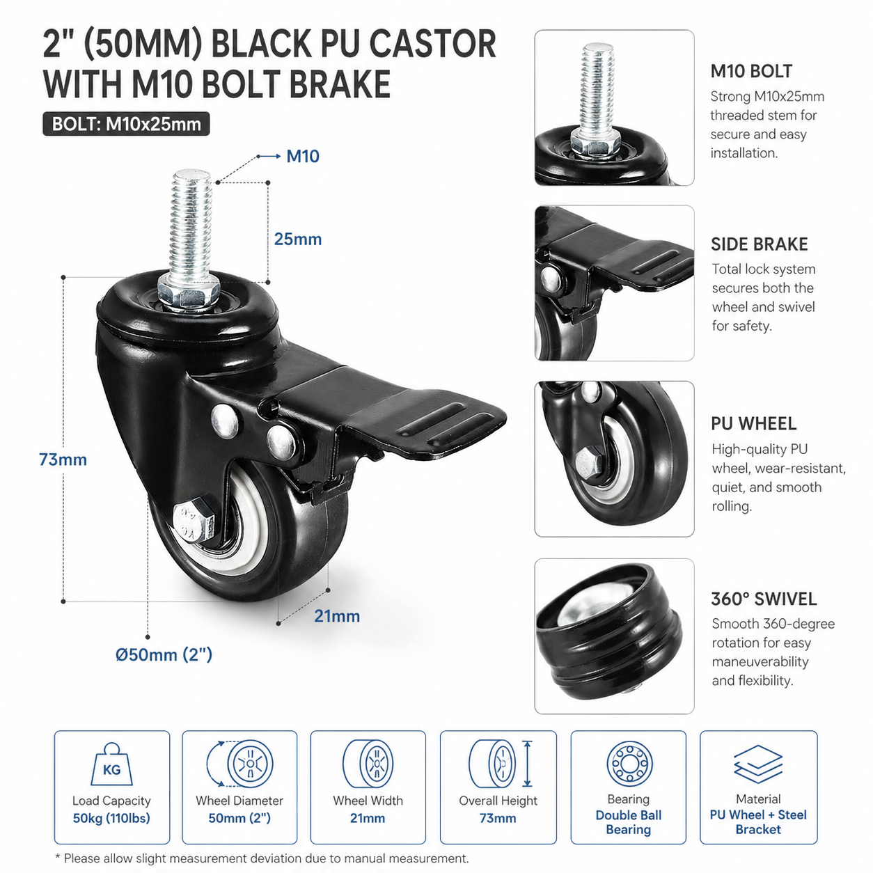 Black PU Castor Wheels 1.5" 2" 3" – Swivel / Brake / Fixed Plate Bolt | Industrial