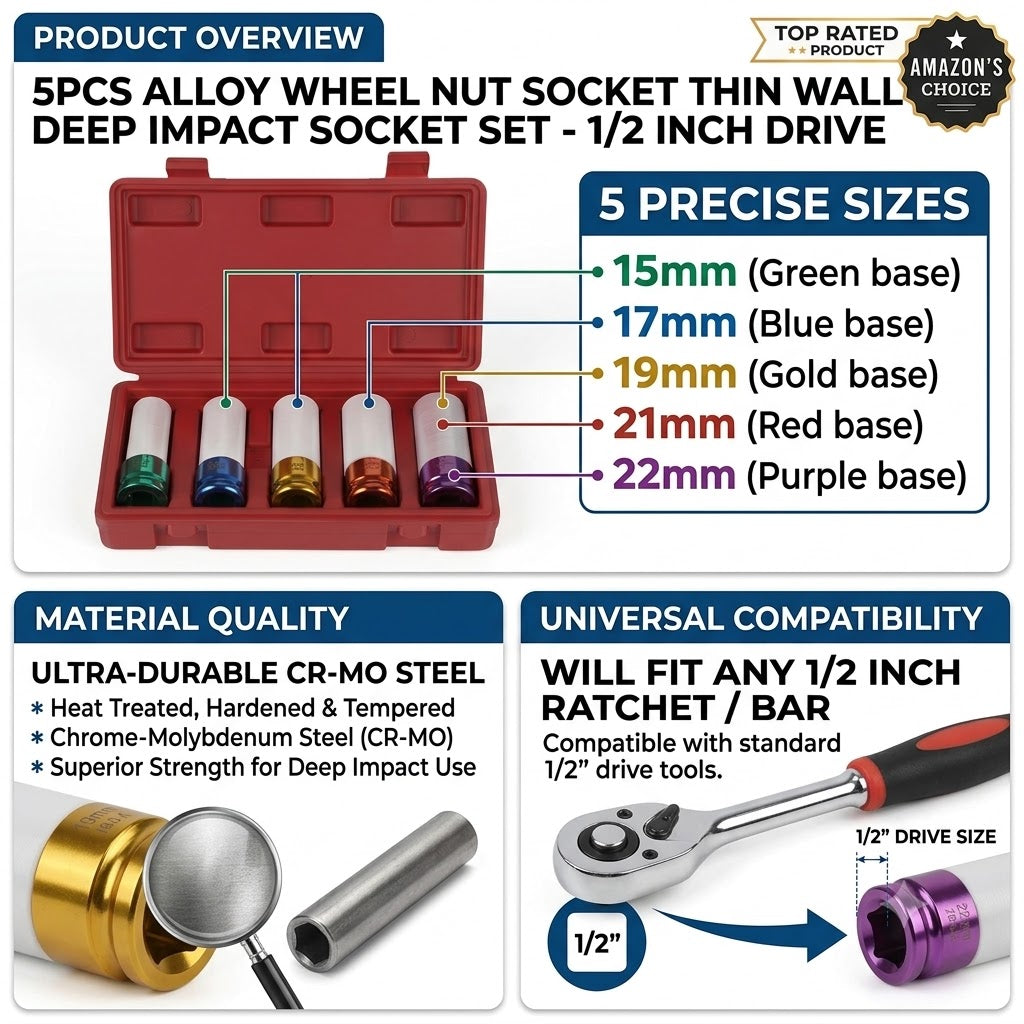 5pcs Alloy Wheel Nut Socket Thin Wall Deep Impact Socket Set 1/2" Drive 15-22mm