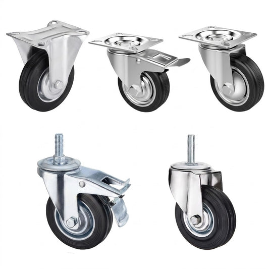Black Rubber Castor Wheels 3" 4" 5" – Swivel / Brake / Fixed | M12x45mm Bolt