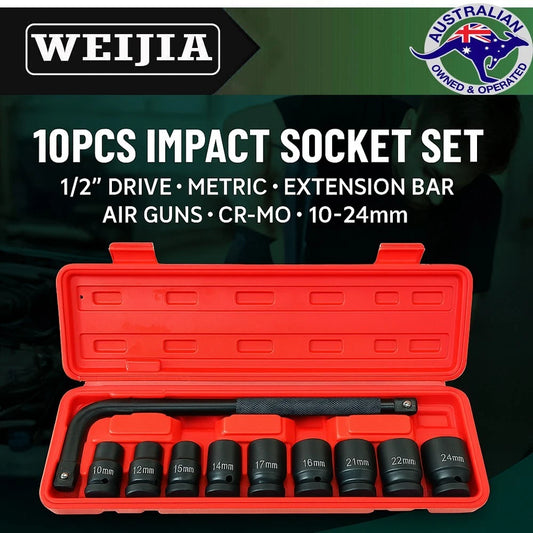 10pc Impact Socket Set 1/2" Drive Metric CR-MO 10-24mm + Extension Bar | WJ Wholesale