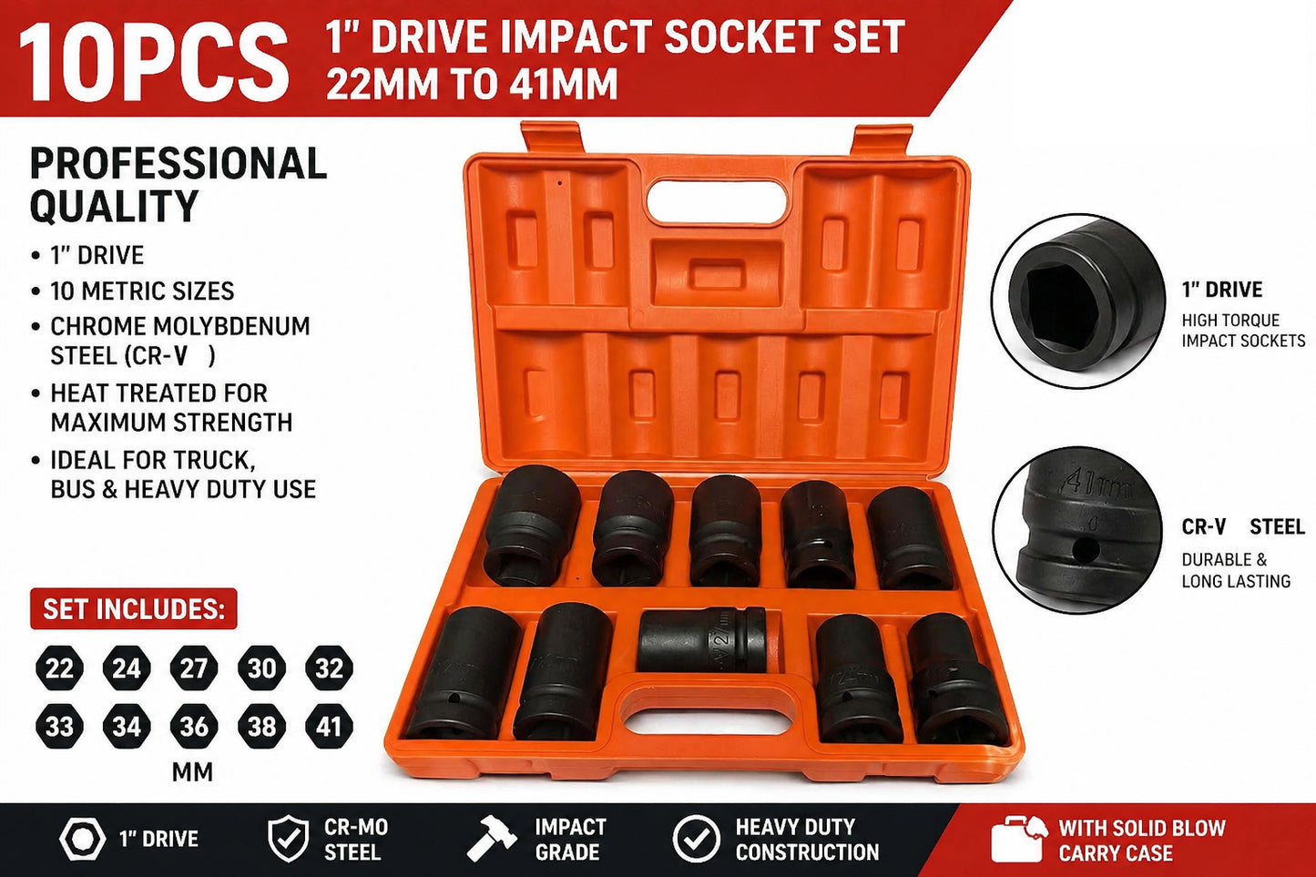 10PCS 1" Dr TRUCK WHEEL NUT STUD IMPACT SOCKET SET WHEEL TYRE WRENCH AIR
