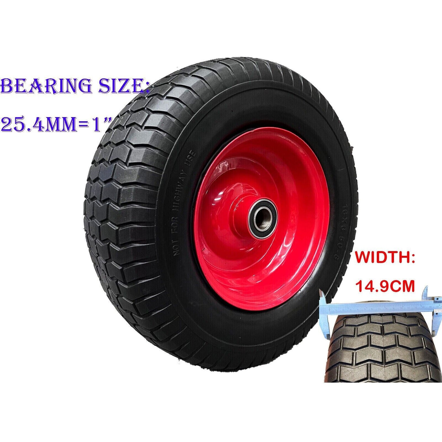 16" 6.50-8 puncture proof solid PU foam wheel with red steel rim and 25.4mm axle bore for wheelbarrow replacement.