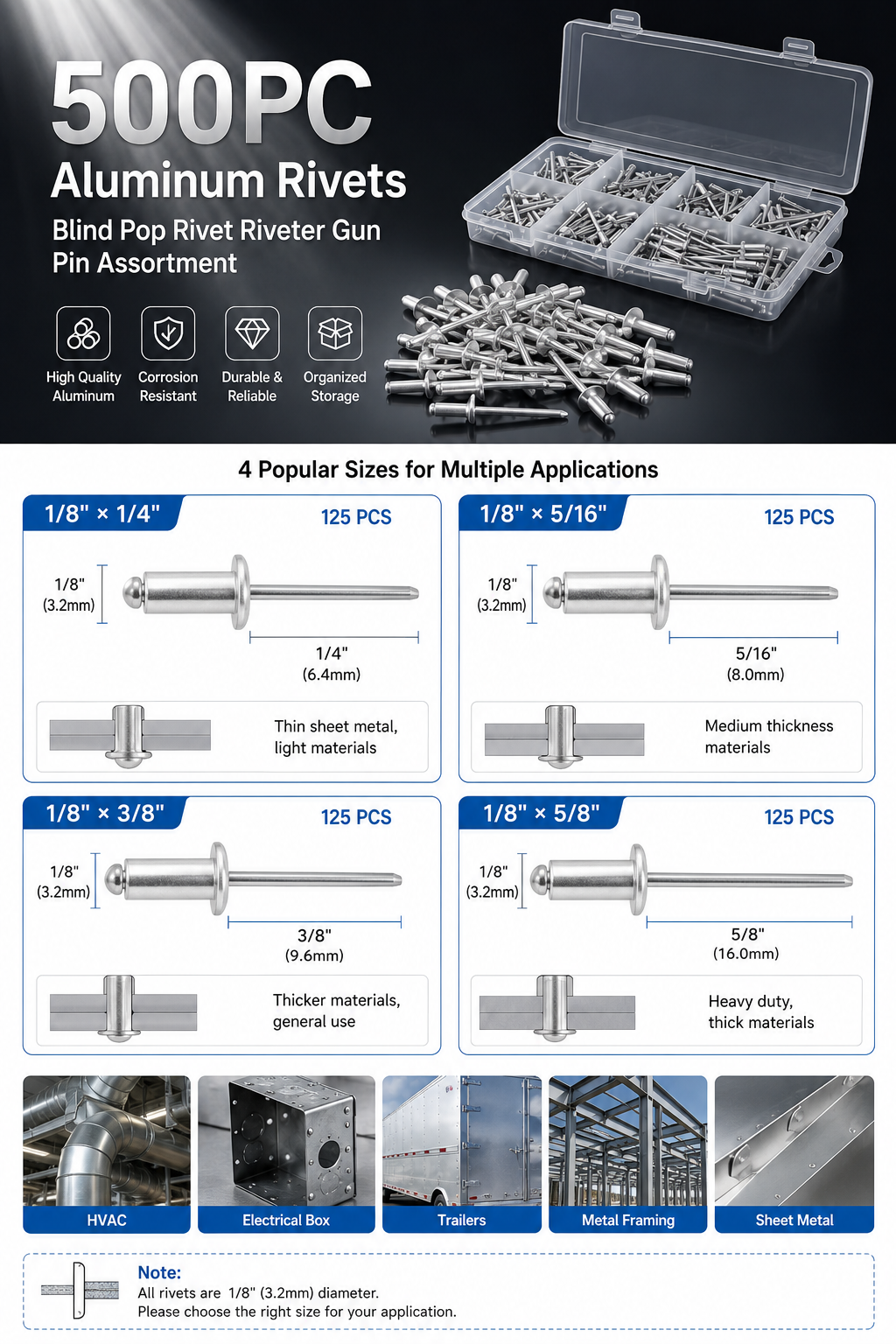 500-Piece Aluminum Blind Pop Rivet Assortment with Riveter Gun Pin