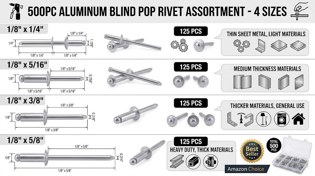 500-Piece Aluminum Blind Pop Rivet Assortment with Riveter Gun Pin