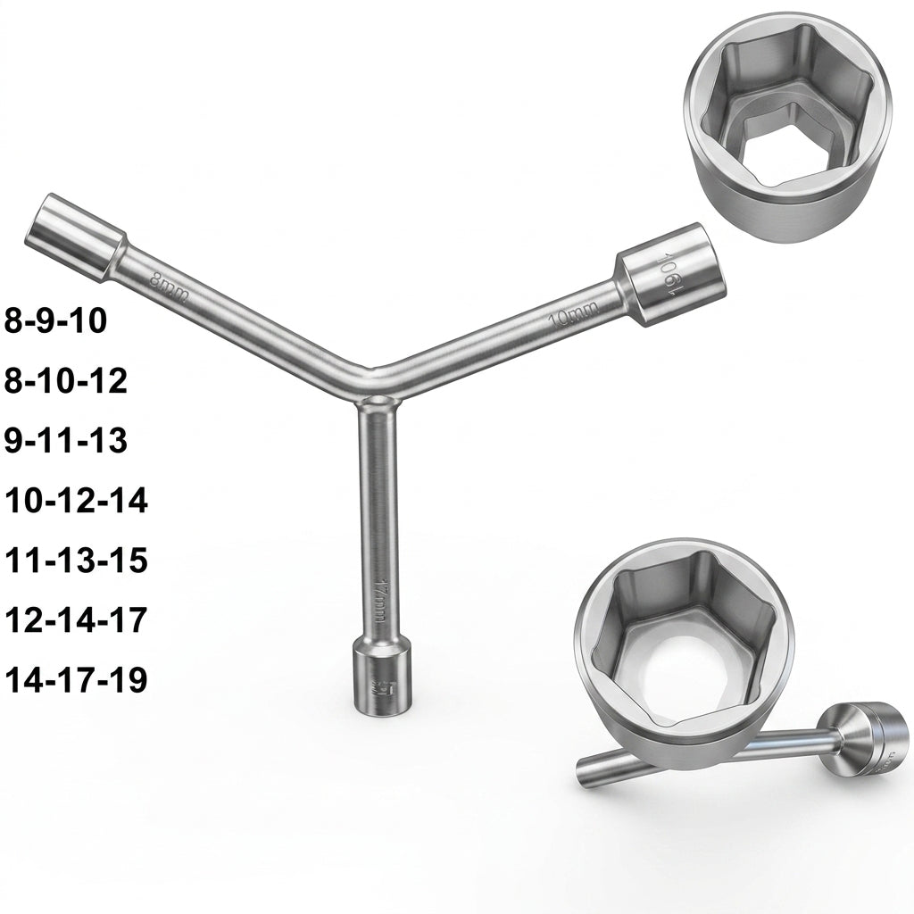 3-way Y-type socket wrench tool with triple metric hexagonal socket ends