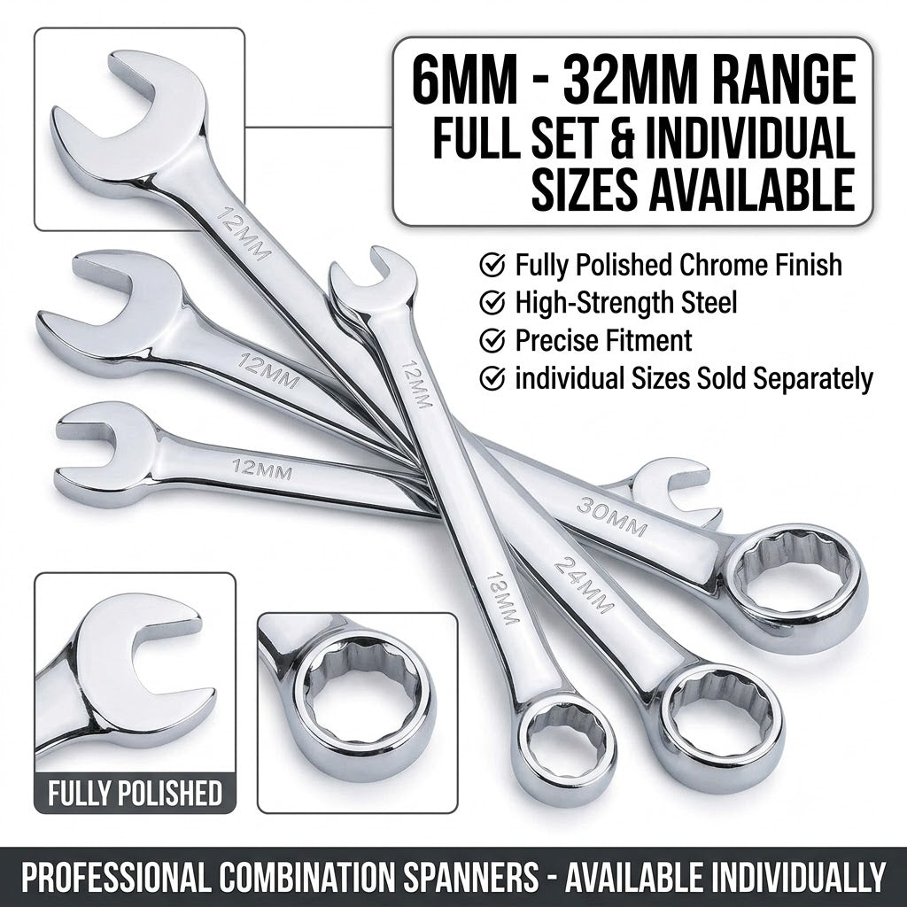 6MM-32MM Combination Ring Open End Spanner Wrench Fully Polished Individual Size