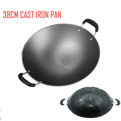 Heavy Duty Cast Iron Wok – Thick Double Handle Hand Hammered 38cm to 46cm