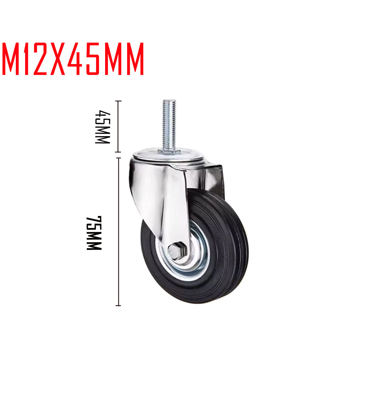 Black Rubber Castor Wheels 3" 4" 5" – Swivel / Brake / Fixed | M12x45mm Bolt