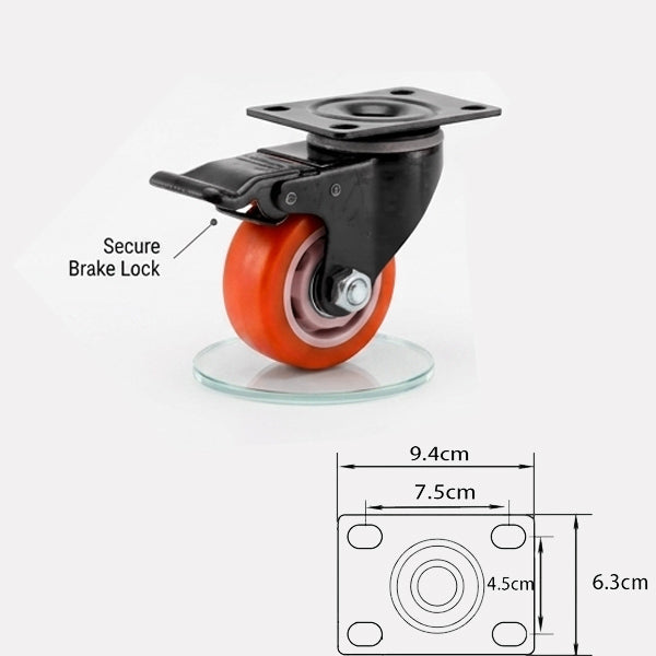 Orange PU Castor Wheels 1.5" 2" 3" 4" 5" – Swivel / Brake / Fixed Plate Bolt
