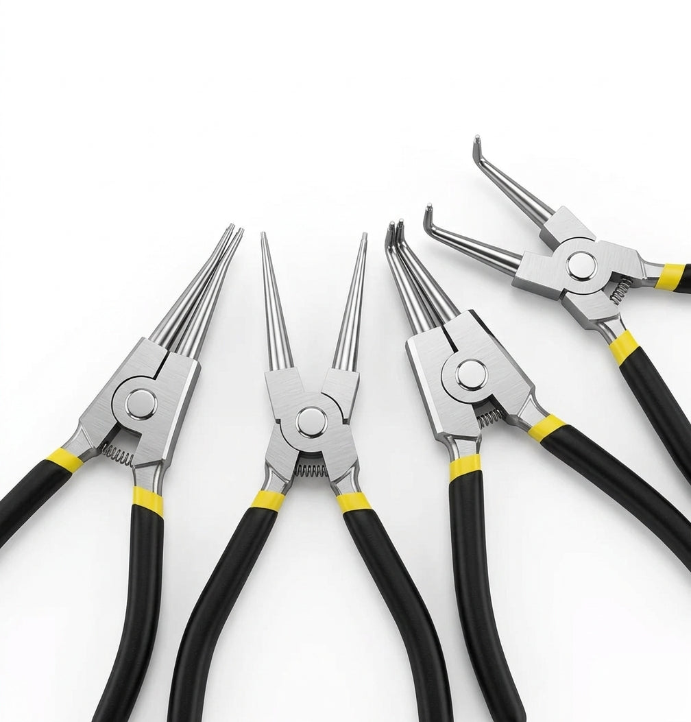 4-piece professional snap ring pliers set including straight and 90-degree bent internal and external tools