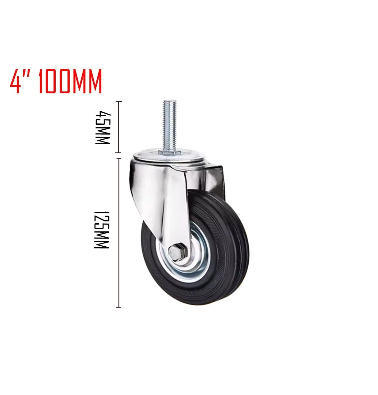 Black Rubber Castor Wheels 3" 4" 5" – Swivel / Brake / Fixed | M12x45mm Bolt