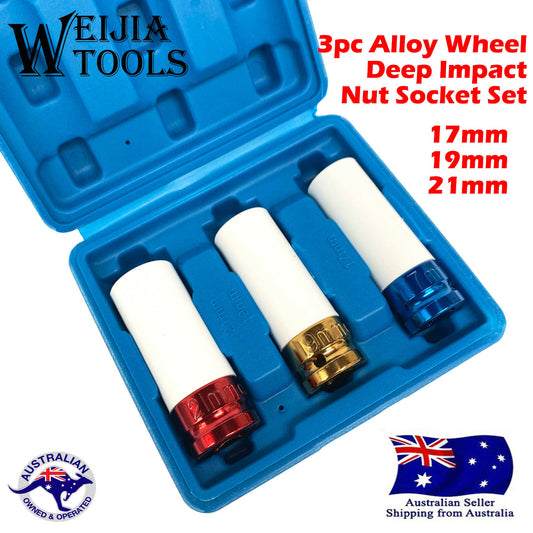 3pc Alloy Wheel Deep Impact Nut Socket Set 17, 19, 21mm 1/2" Nylon Sleeve