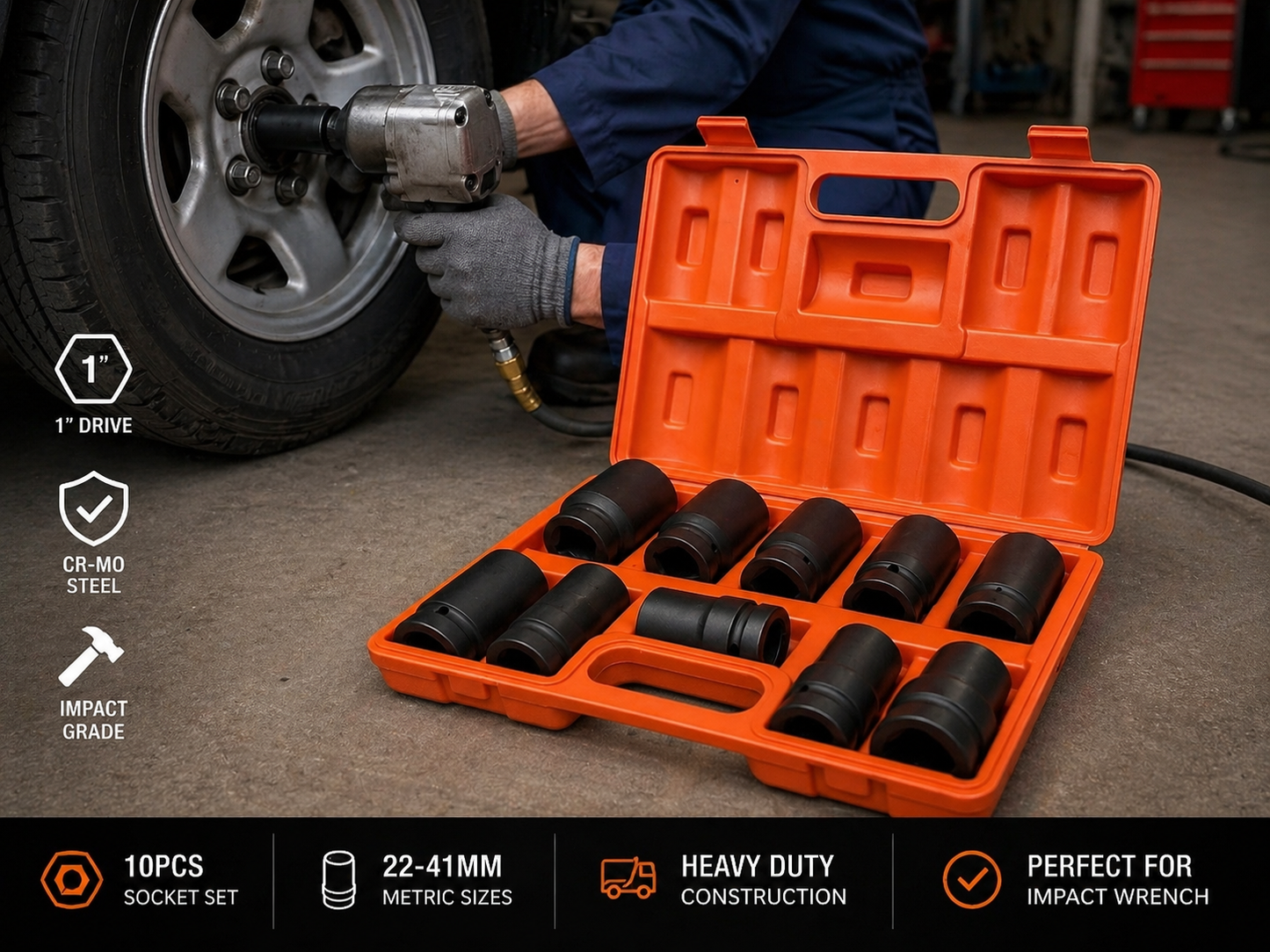 10PCS 1" Dr TRUCK WHEEL NUT STUD IMPACT SOCKET SET WHEEL TYRE WRENCH AIR