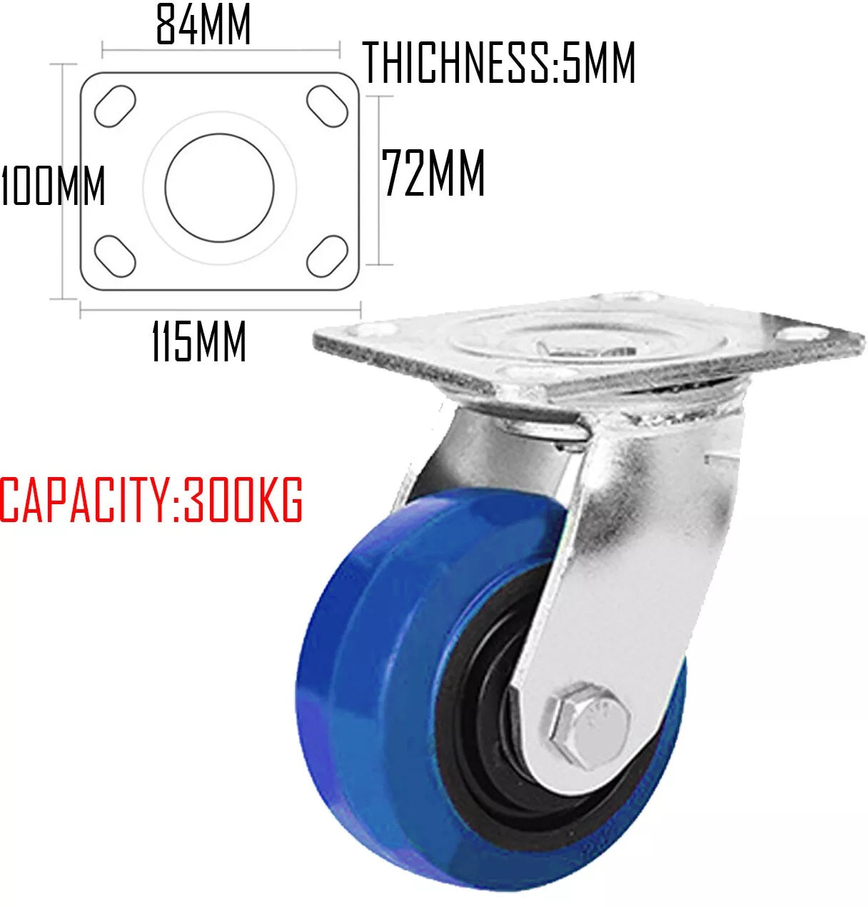 5"/6"/8" Heavy Duty Blue TPR Rubber Castor Wheel Plate Mount Swivel / Brake / Fixed