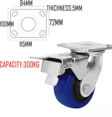 5" Heavy Duty Blue TPR Rubber Castor Wheel Plate Mount 2Swivel + 2Brake