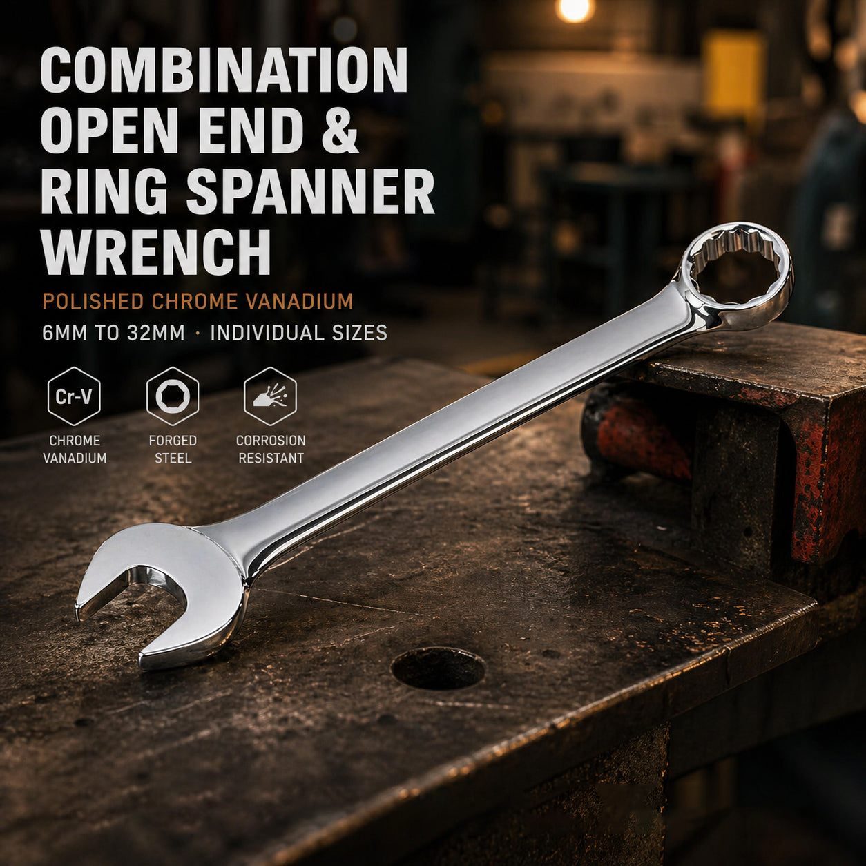 Combination Open End &amp; Ring Spanner Wrench Polished Chrome Vanadium · 6mm to 32mm