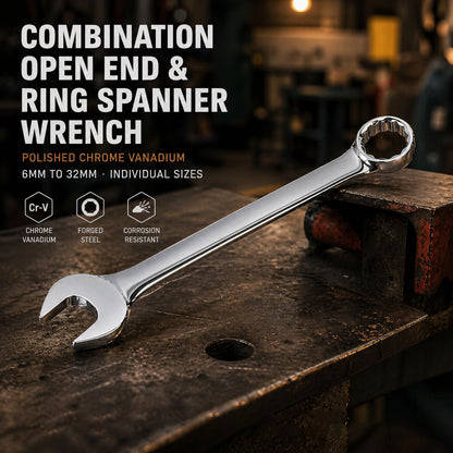 Combination Open End &amp; Ring Spanner Wrench Polished Chrome Vanadium · 6mm to 32mm